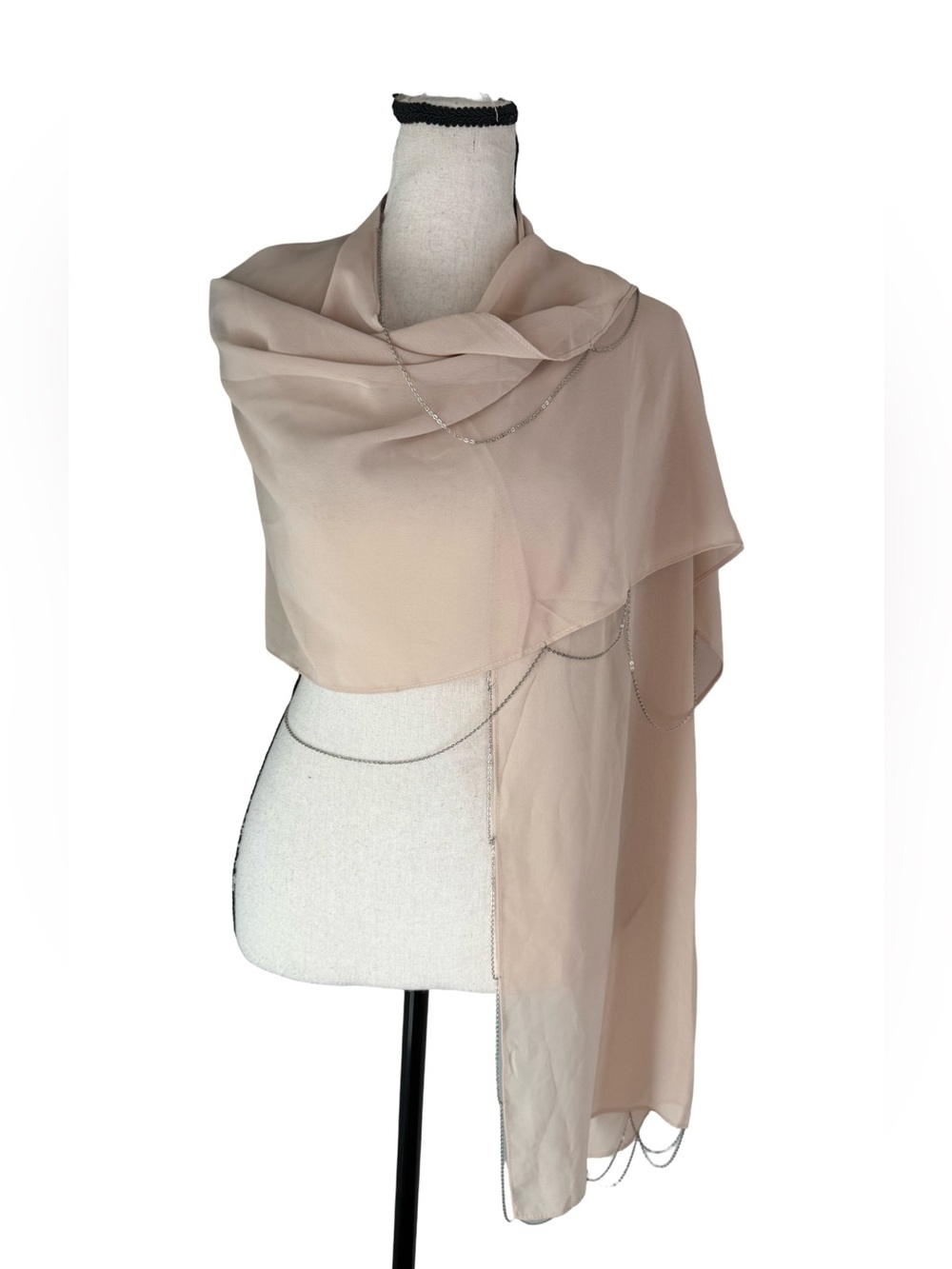 Champagne Beige Sheer Chain Trim Shawl Wrap Cape Wedding Evening Cover Up